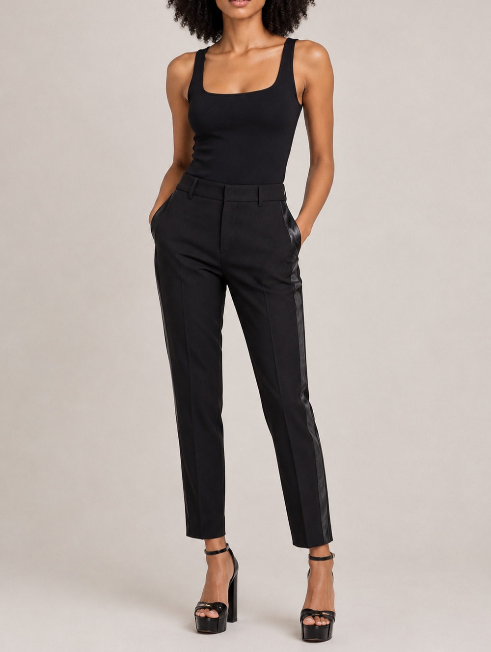 Gucci Black Stretch Pants Leather Side Panel High Rise Ankle Trousers IT 42